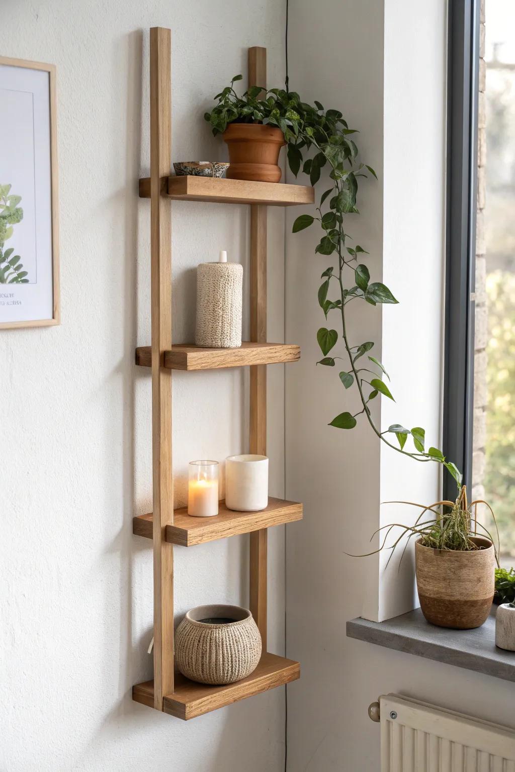 A slim vertical shelf tower: plant, candle, and frame—pretty wall decor for tiny spaces.