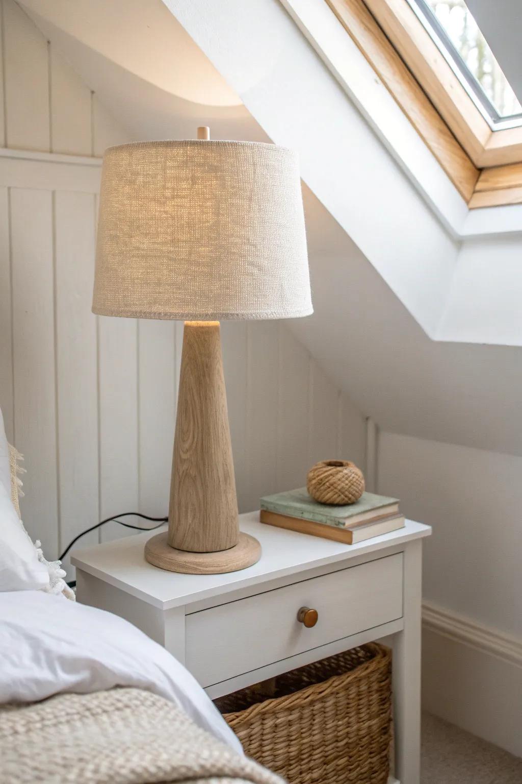 Warm-white attic walls + a linen lamp: light neutrals bounce daylight and open up tiny spaces.