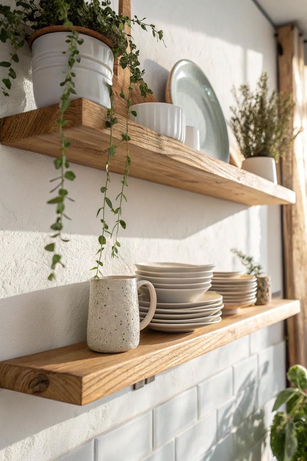 Swap one bulky upper for an airy open shelf—small kitchen, big breathing room on a budget.