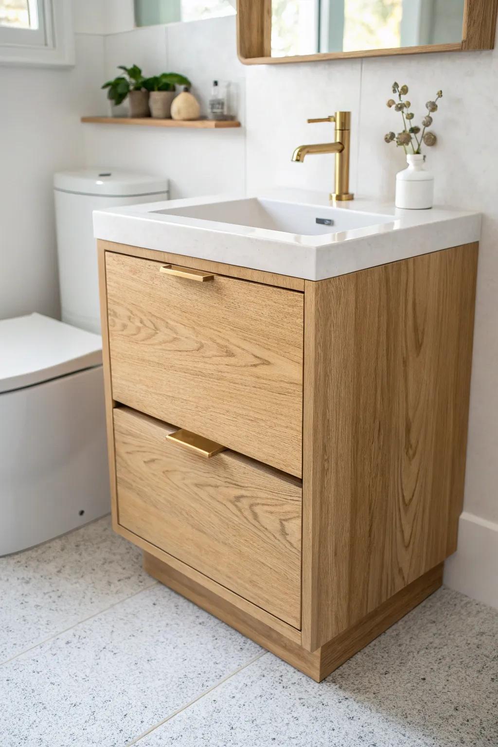 A slim, shallow vanity adds hidden storage without stealing space in a tiny half bath.
