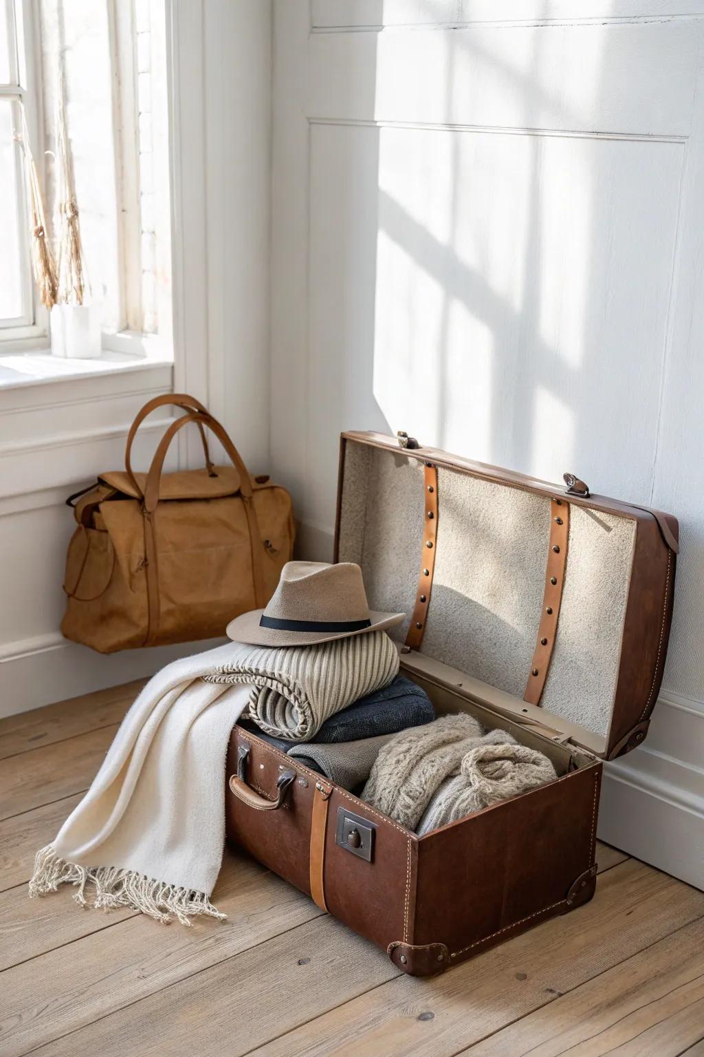A vintage suitcase drop zone keeps scarves, hats, and totes tidy—close the lid, calm the clutter.