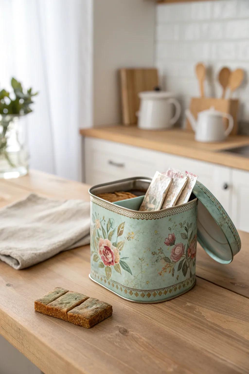 Vintage tin storage: a pretty grab-and-go counter solution for tea and small snacks.
