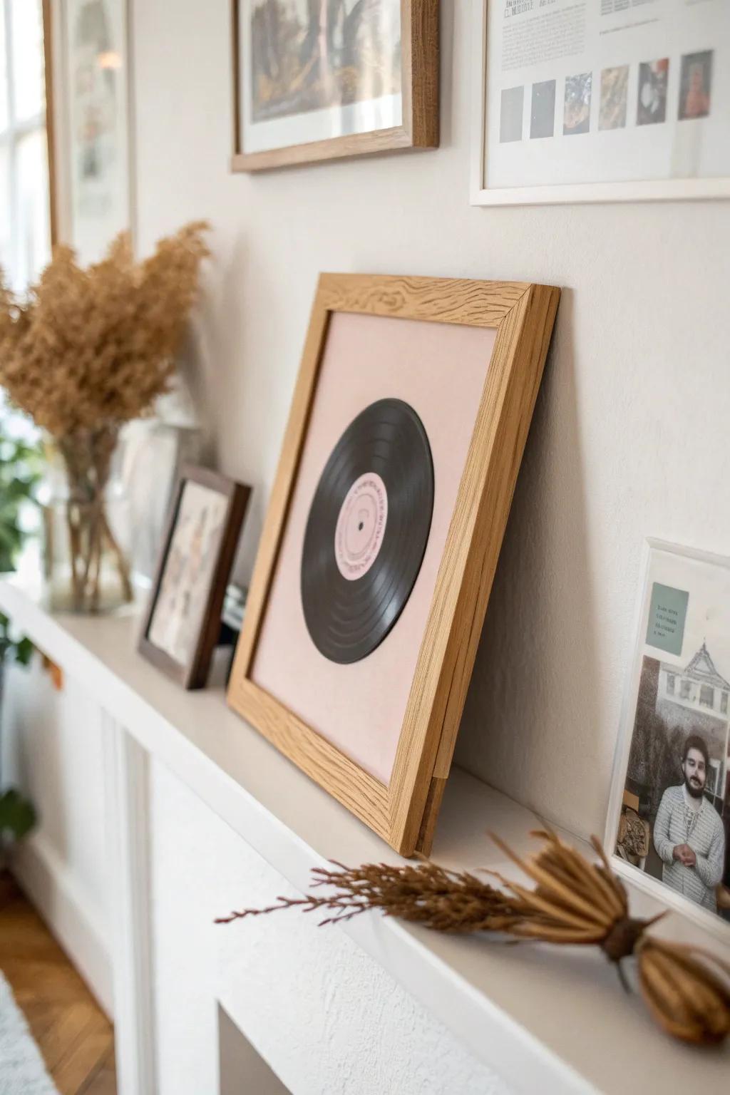Framed vinyl as the gallery wall hero—instant cozy, collected style for small spaces.