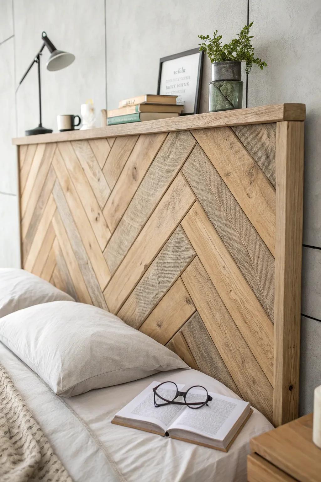 Space-saving pallet headboard with a slim ledge—warm wood texture, clean Scandinavian calm.