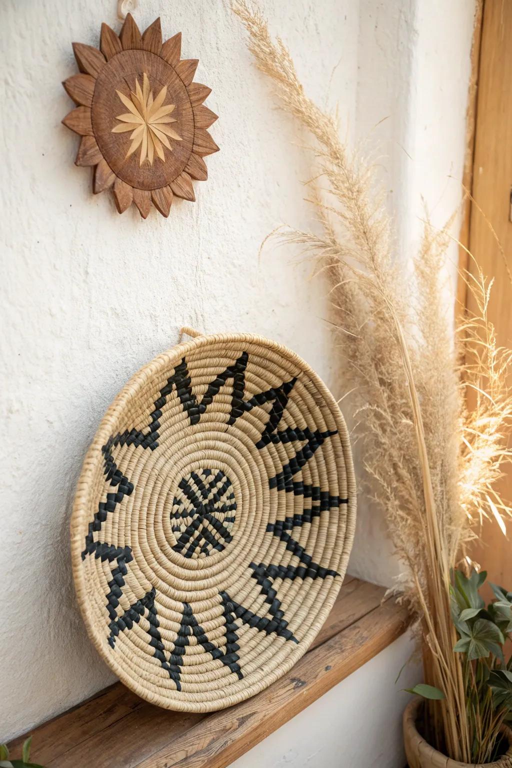 A single black-patterned wall basket adds crisp contrast and modern boho charm in small spaces.