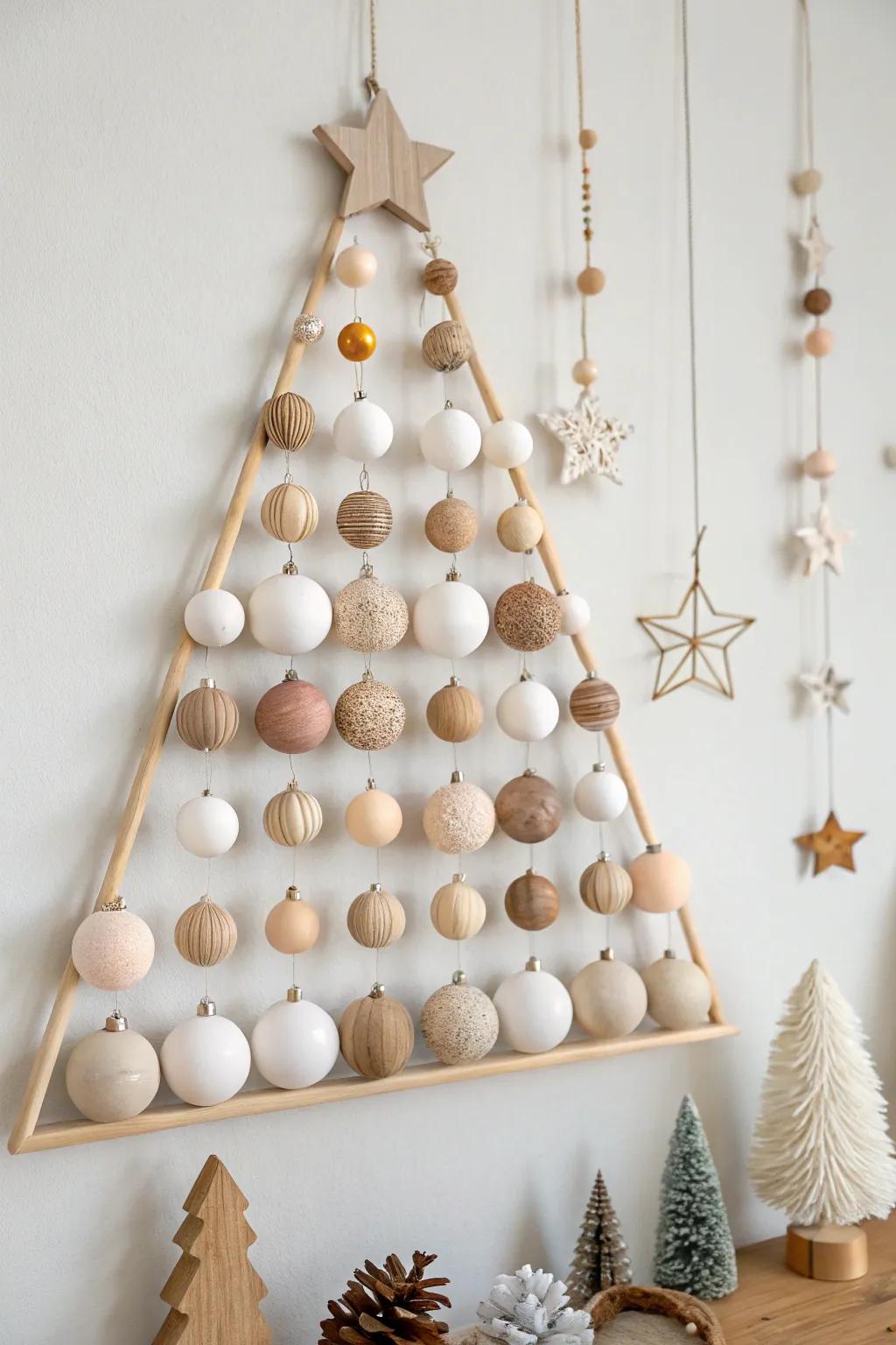 A storage-free Christmas tree: ornaments clustered on the wall in a chic triangle shape.
