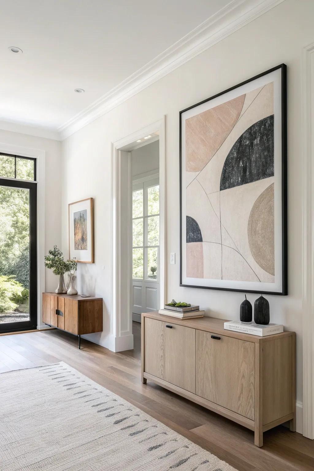 Anchor an awkward corner with one oversized art piece for instant small-space polish.