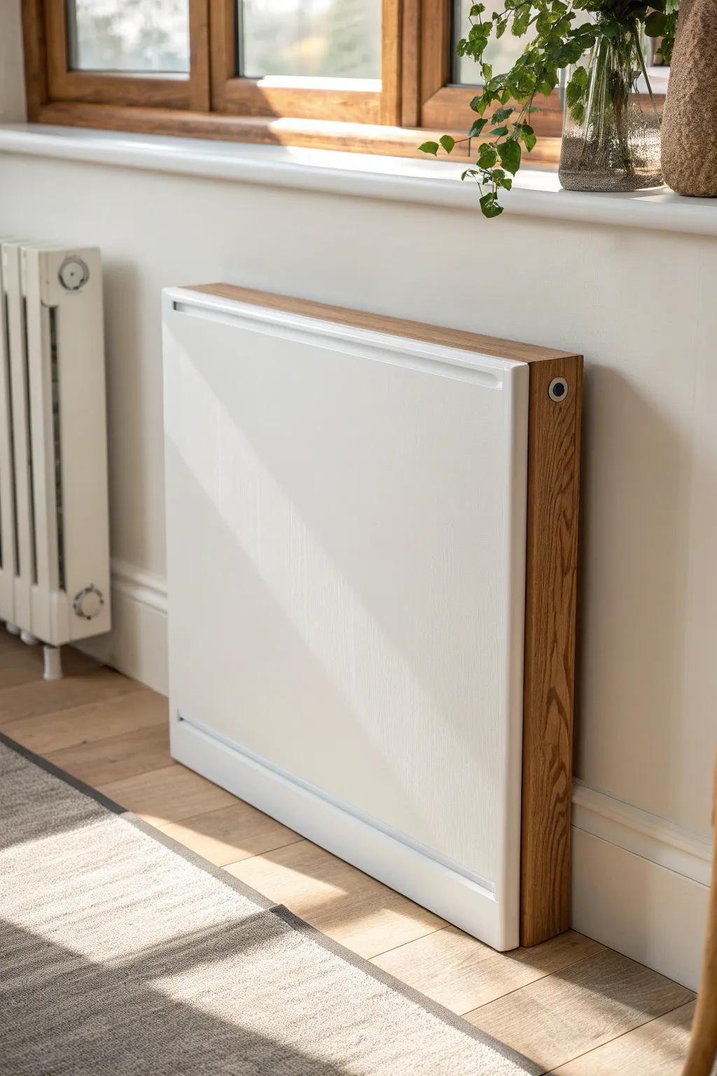 Paint your heater cover to match the wall for a seamless built-in look in small spaces.