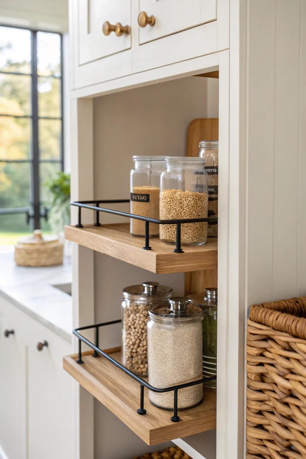 Pull-out pantry shelf makes deep wall cabinets effortless—no more digging, just glide & grab.