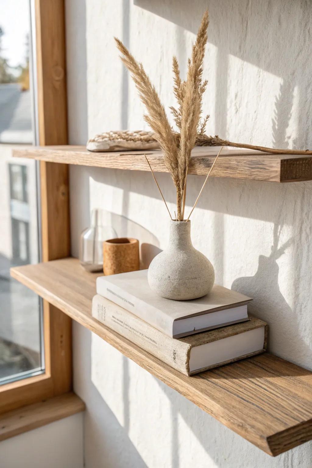 Stacked books add height—top with a tiny vase for effortless wall shelf dimension.