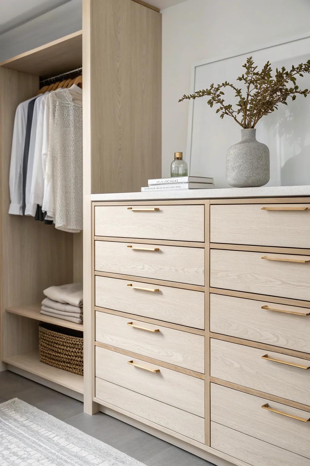 A built-in drawer bank anchors your wall-to-wall closet—reset tees and leggings in minutes.