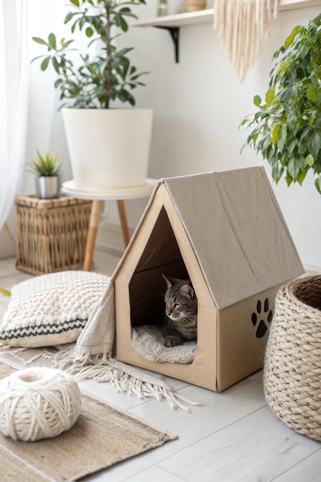 Transform a simple cardboard box into a chic cat cave, where simplicity meets comfort. Perfect for your feline friend's new favorite retreat.