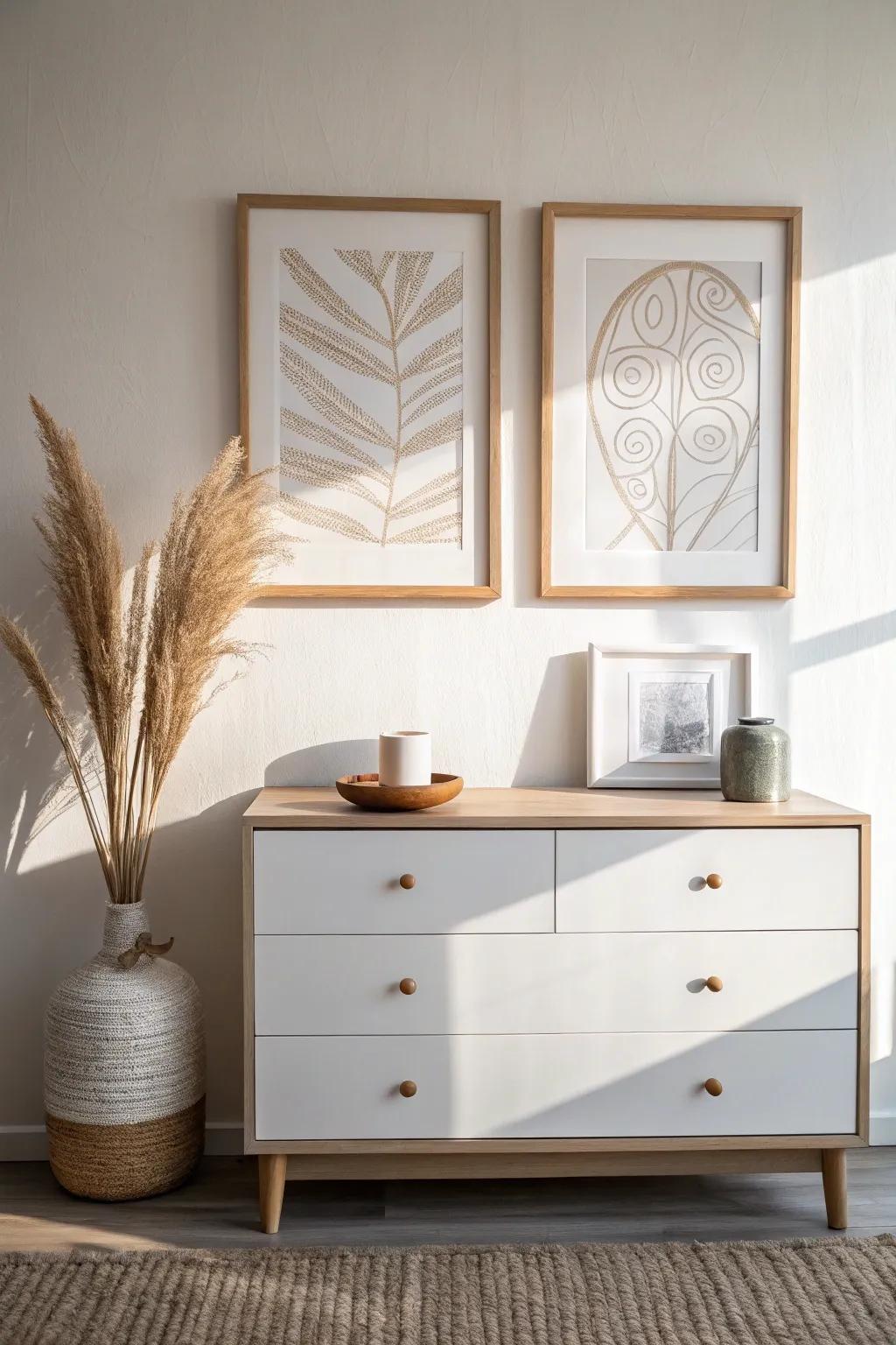 A polished diptych above the dresser—minimal, symmetrical, and softly boho for small rooms.