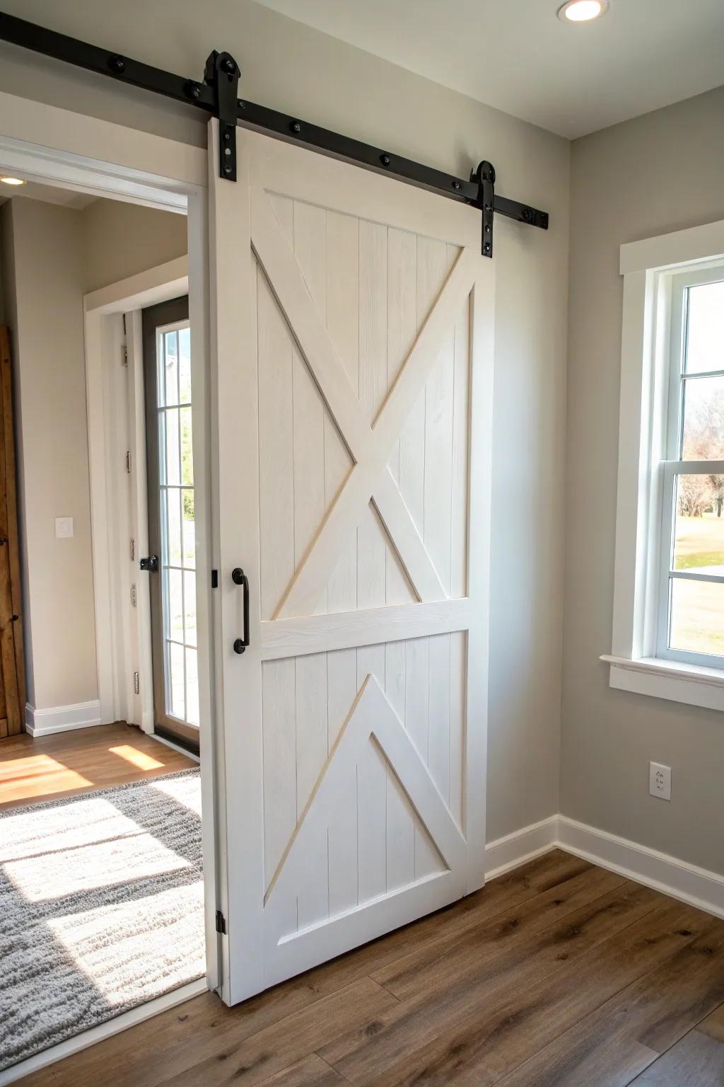 A crisp white X-brace barn door that adds cozy farmhouse character without extra decor.