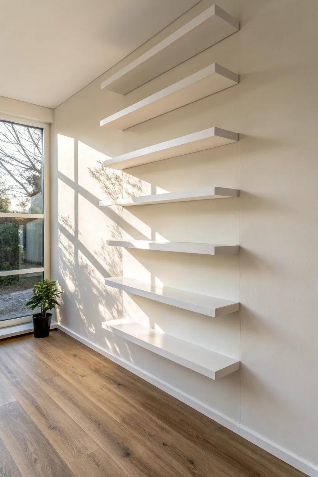 Staggered white shelves turn a blank wall into an effortless, designer-looking focal point.