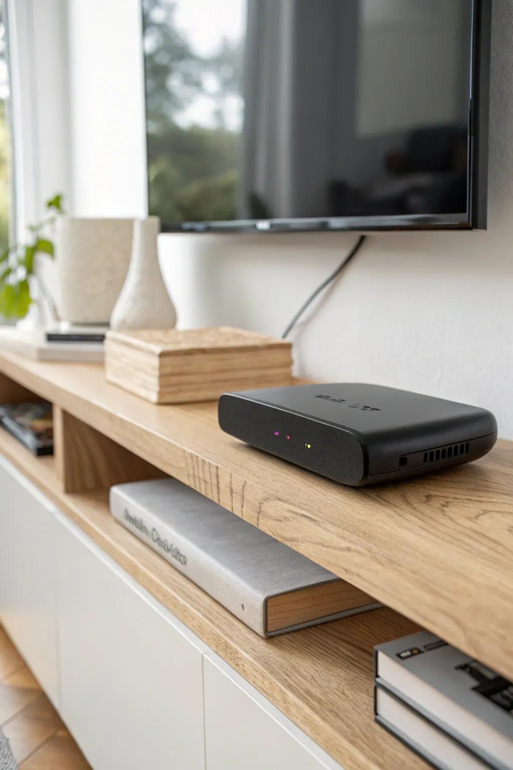 Under-TV router shelf idea: hide tech in plain sight with a sleek floating oak ledge.