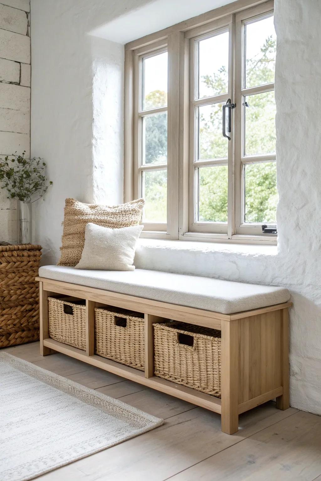 Open cubbies + woven baskets turn a window bench into effortless, styled storage for small spaces.