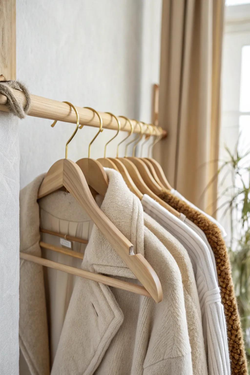 Matching slim hangers save space for bulky coats—and make your closet feel instantly calmer.