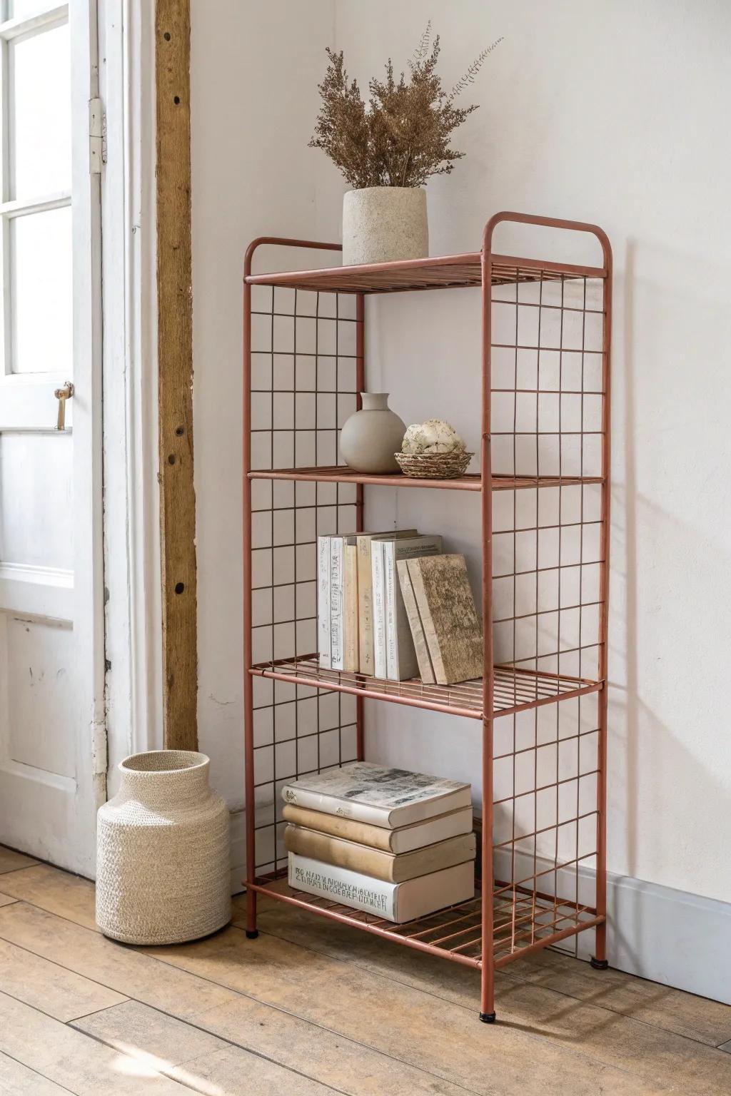 Matte spray paint transforms a simple wire bookshelf into a custom, decor-ready statement.