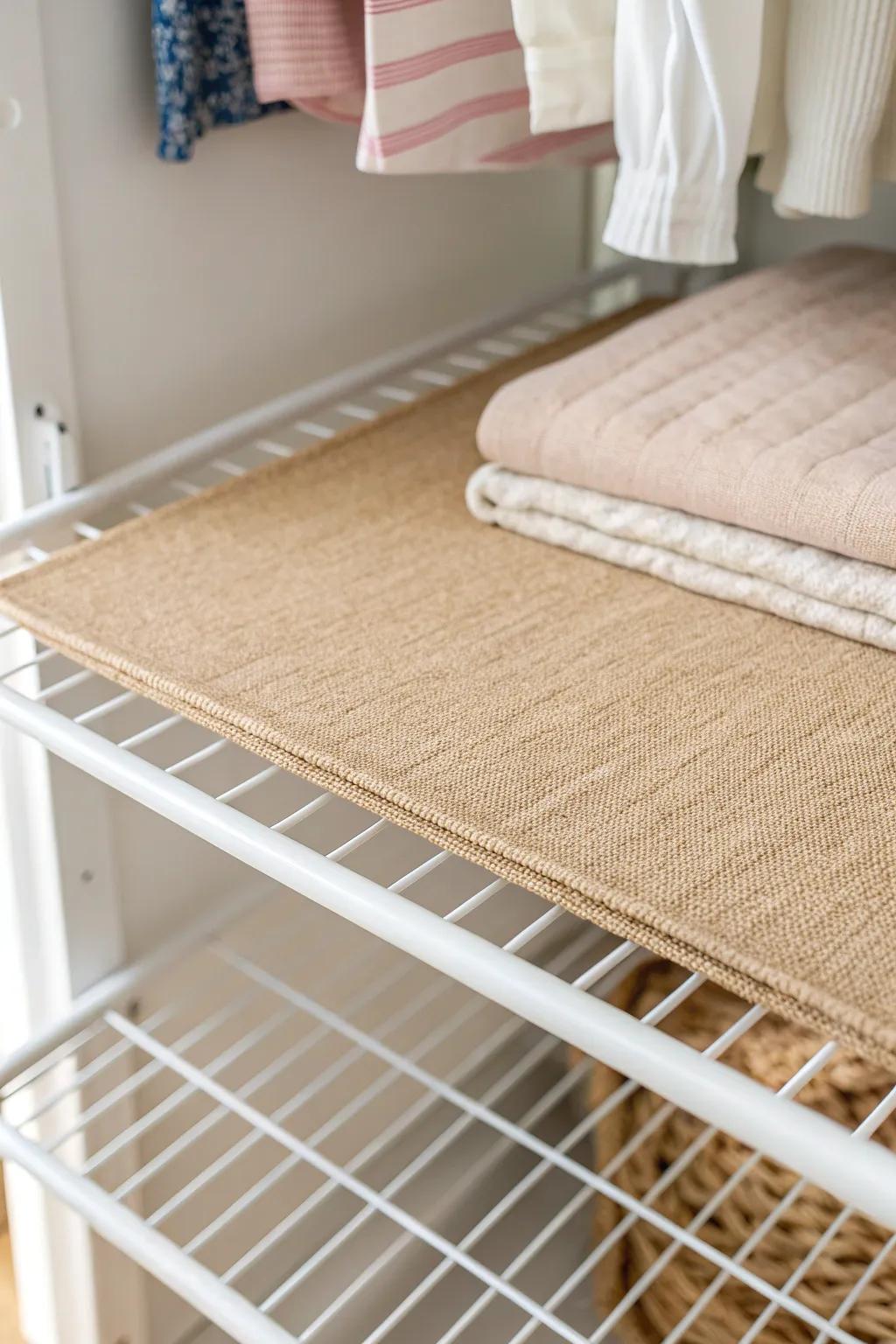 A simple shelf liner creates a smooth, flat surface—no more heels or small items slipping through.