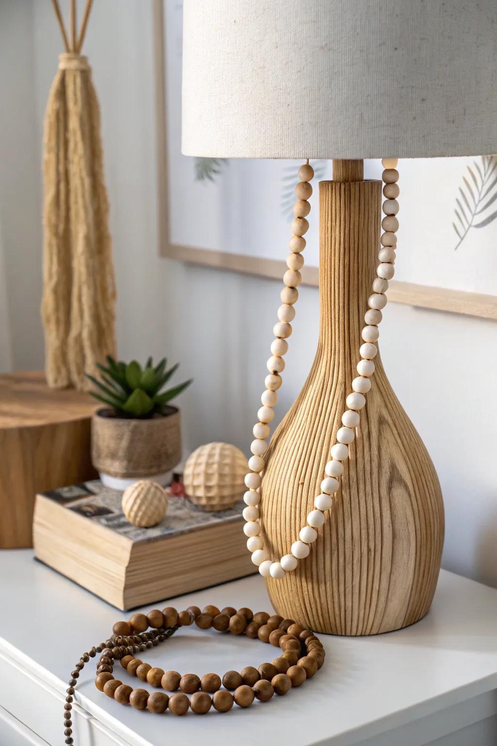 Illuminate your space with the warm charm of a wood bead garland wrapped around a modern lamp.
