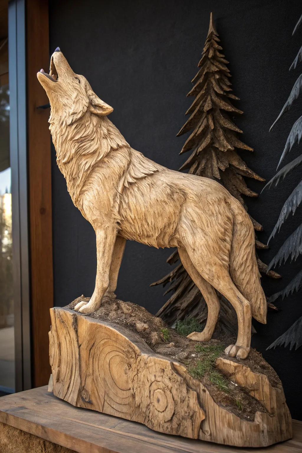 Embrace the wild spirit with this masterfully carved wooden wolf, a testament to exquisite craftsmanship.