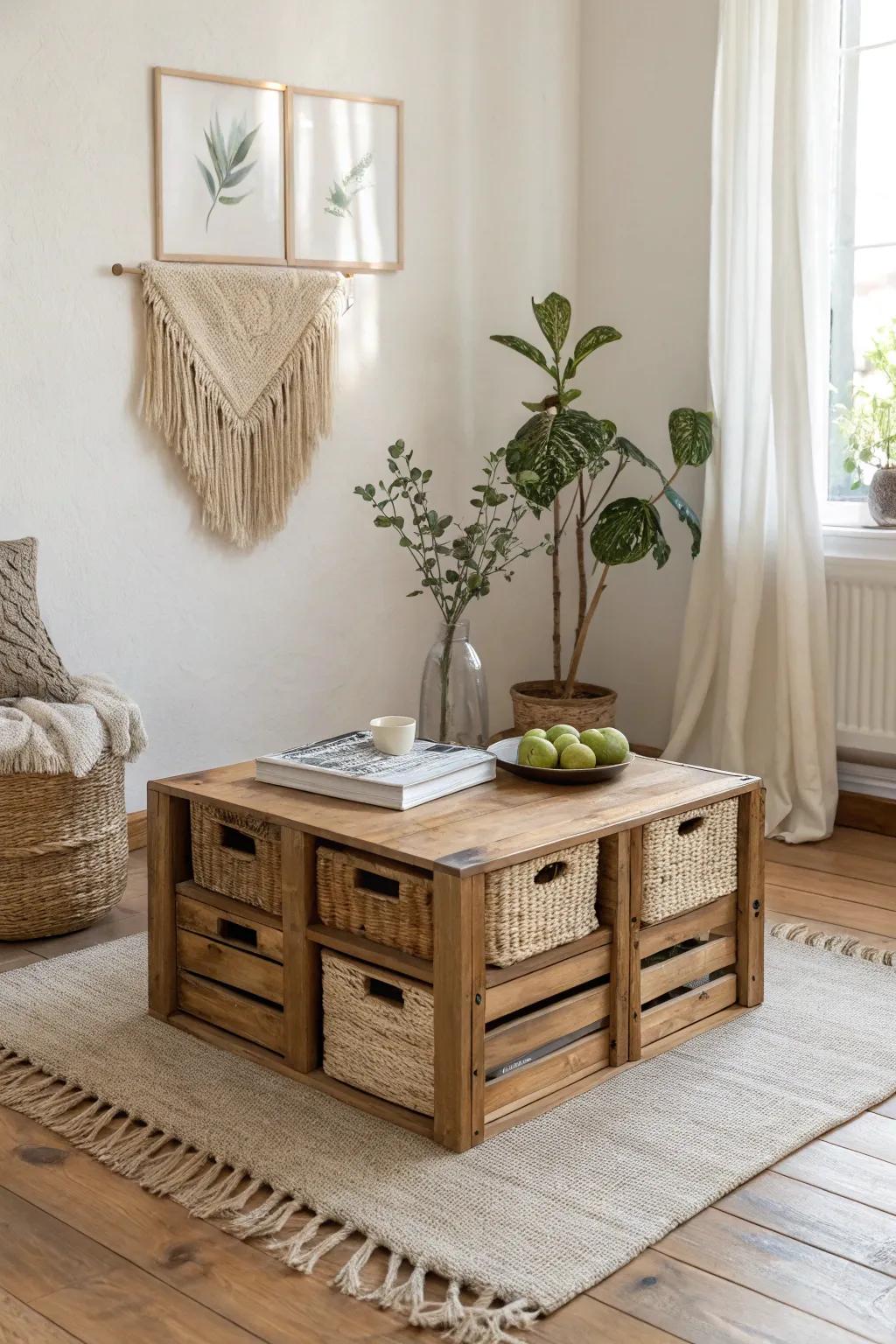 Crate coffee table with woven bins—small-space storage that hides blankets and remotes beautifully.