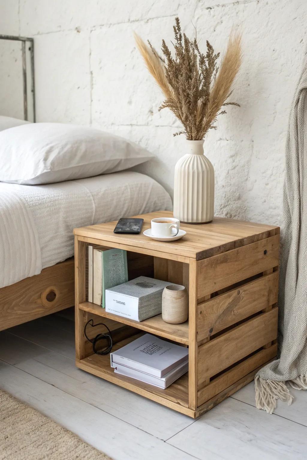 A wooden crate nightstand that doubles as storage—calm tabletop, hidden essentials inside.