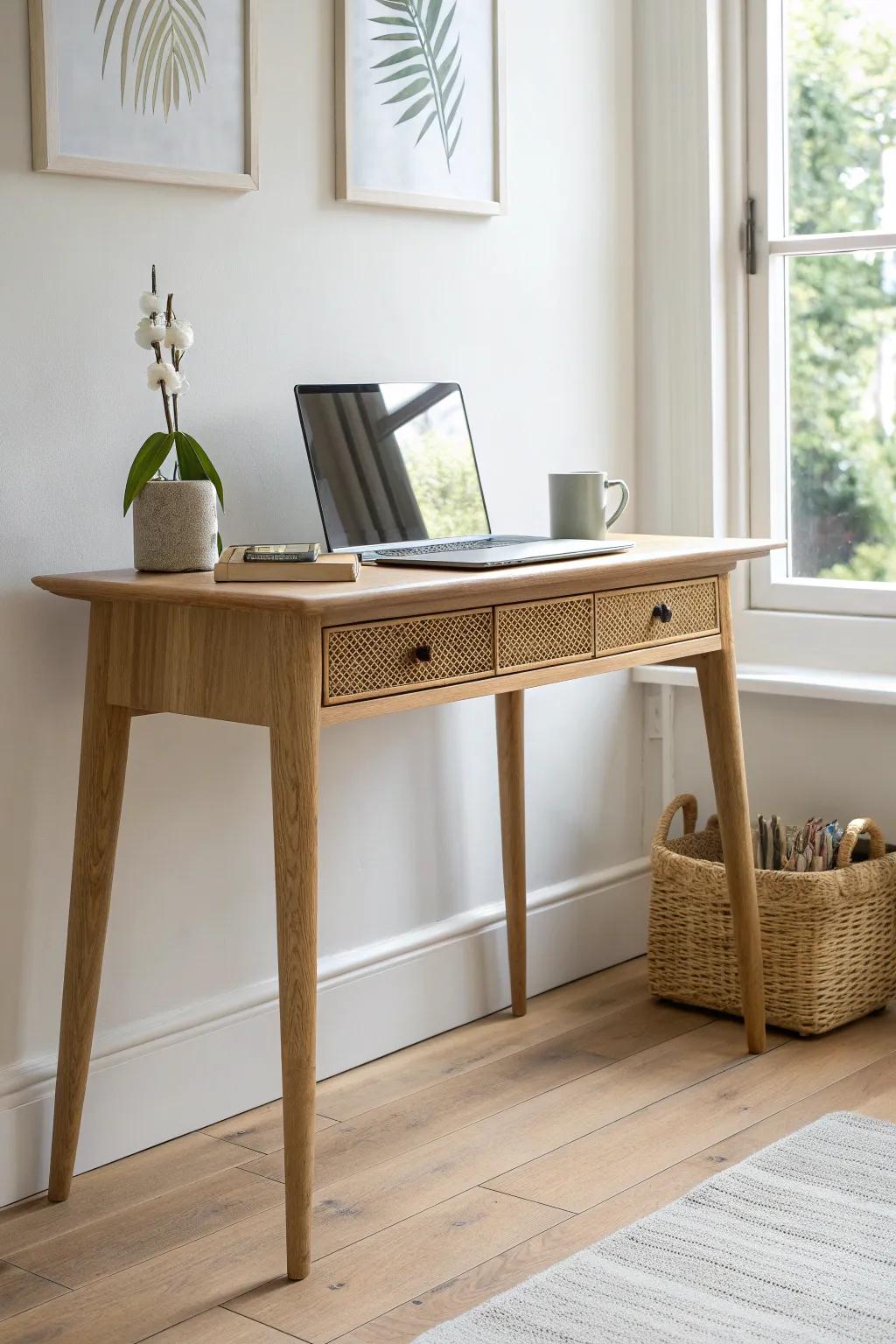 Slim console table desk: airy Scandinavian lines with a hint of boho—ideal for small-space WFH.