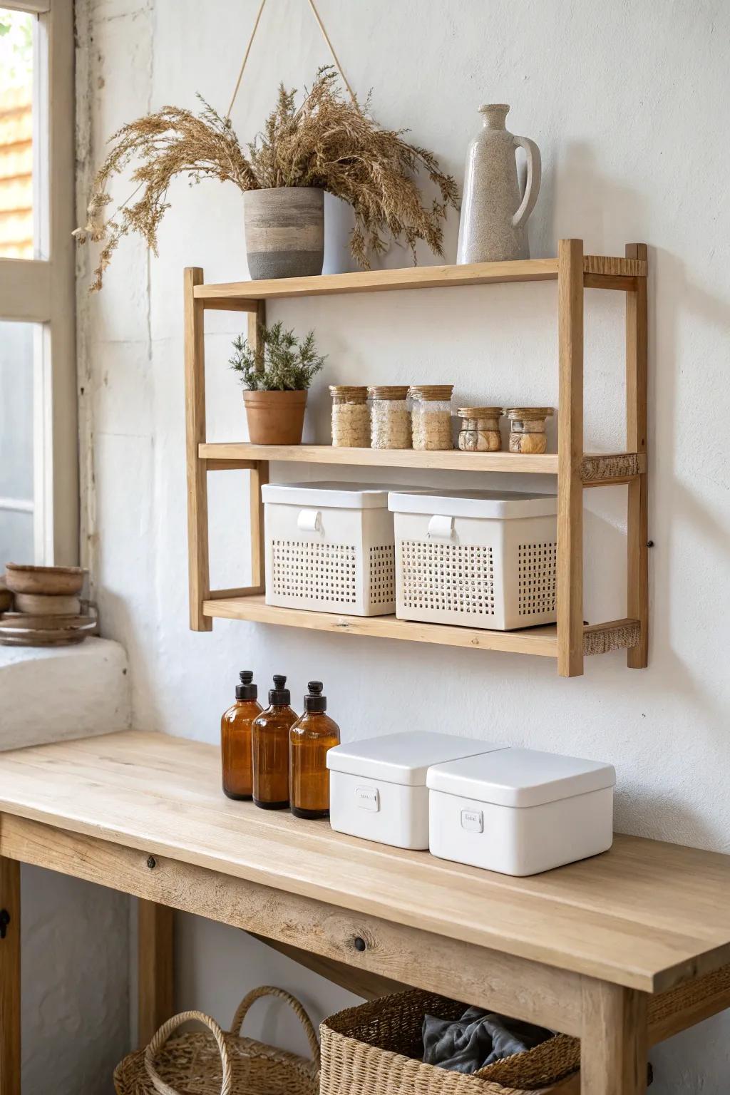 Over-the-bench wall shelf with neat bins keeps daily tools handy and your work surface clear.