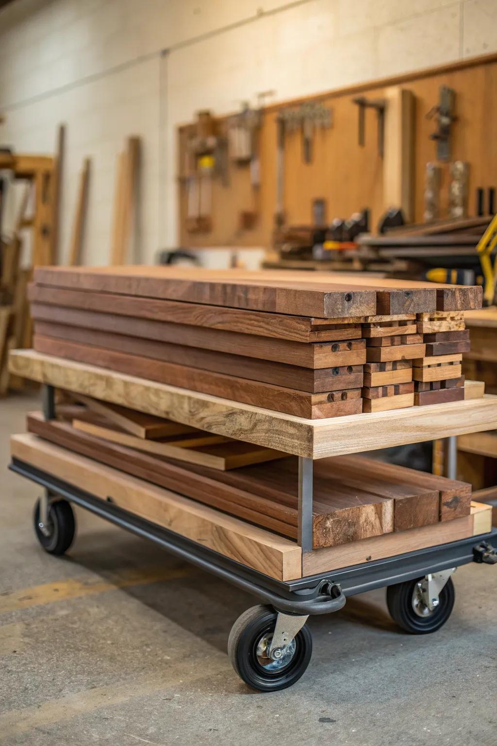 Effortlessly organize your workshop with this stylish and functional mobile wood cart.