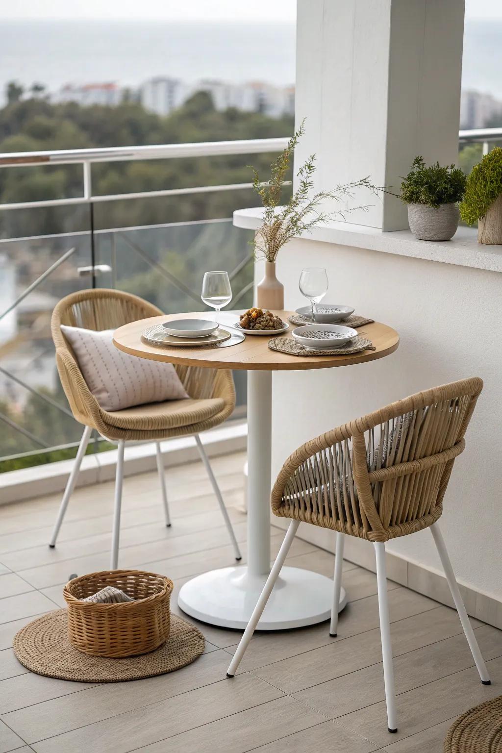 A compact bistro set on the straight balcony run keeps corners clear—and meals feel like a getaway.