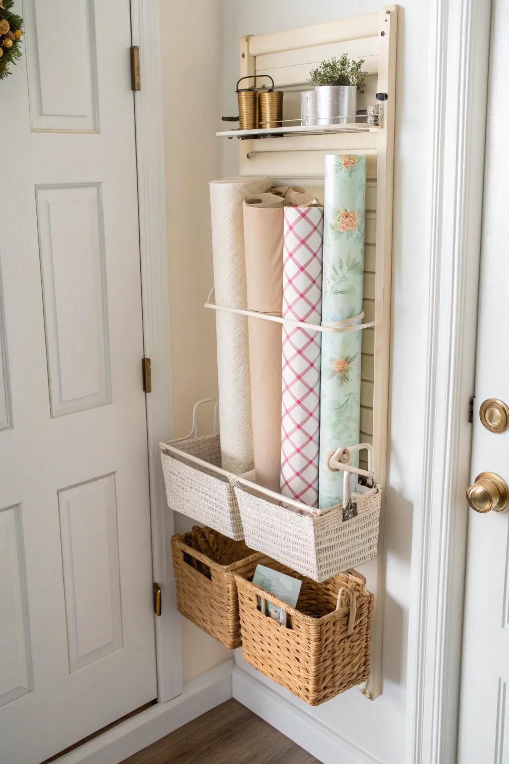 Over-the-door rack turned wrapping paper station—secure rolls with one simple linen strap.