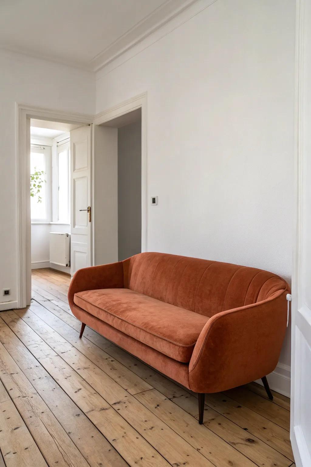 Float the sofa to open a graceful walkway—instantly making a small 1‑bed feel designed.