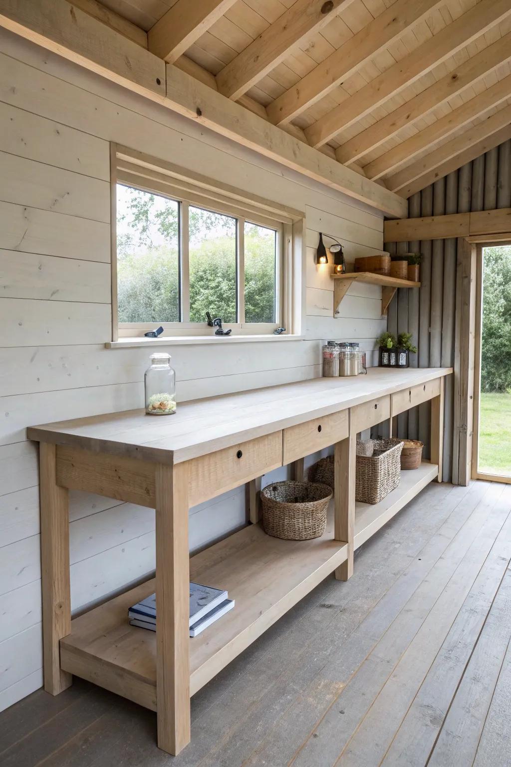 A long built-in workbench keeps your 10x16 shed open, organized, and ready for big builds.