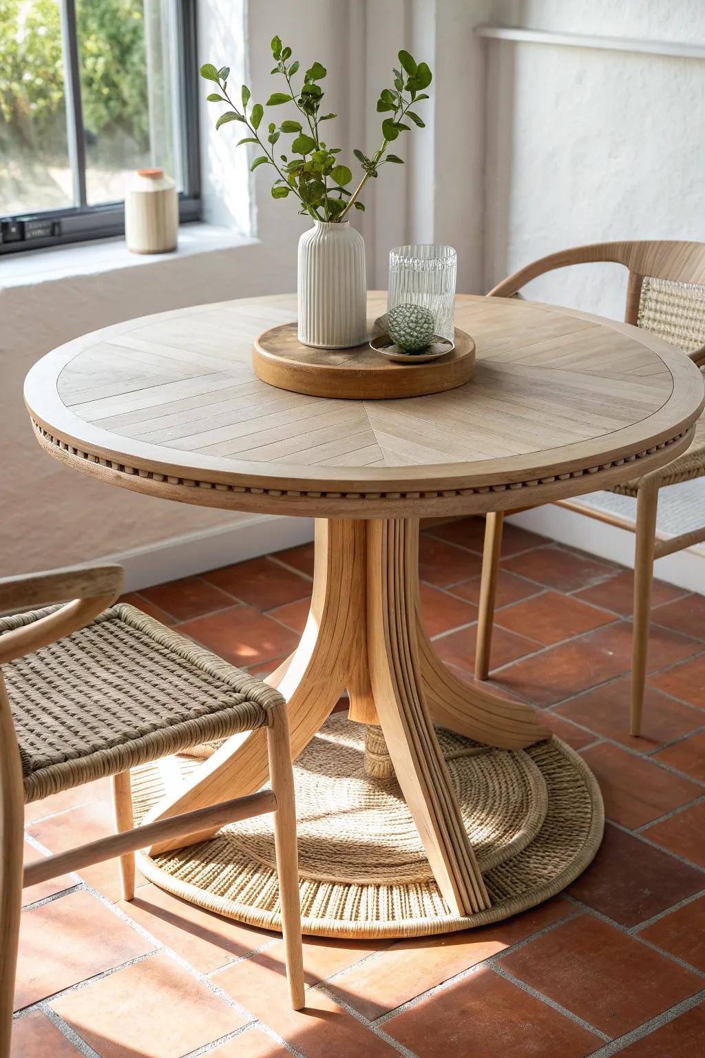 A round table keeps tight condo walkways clear—no corners to bump, just smooth flow.