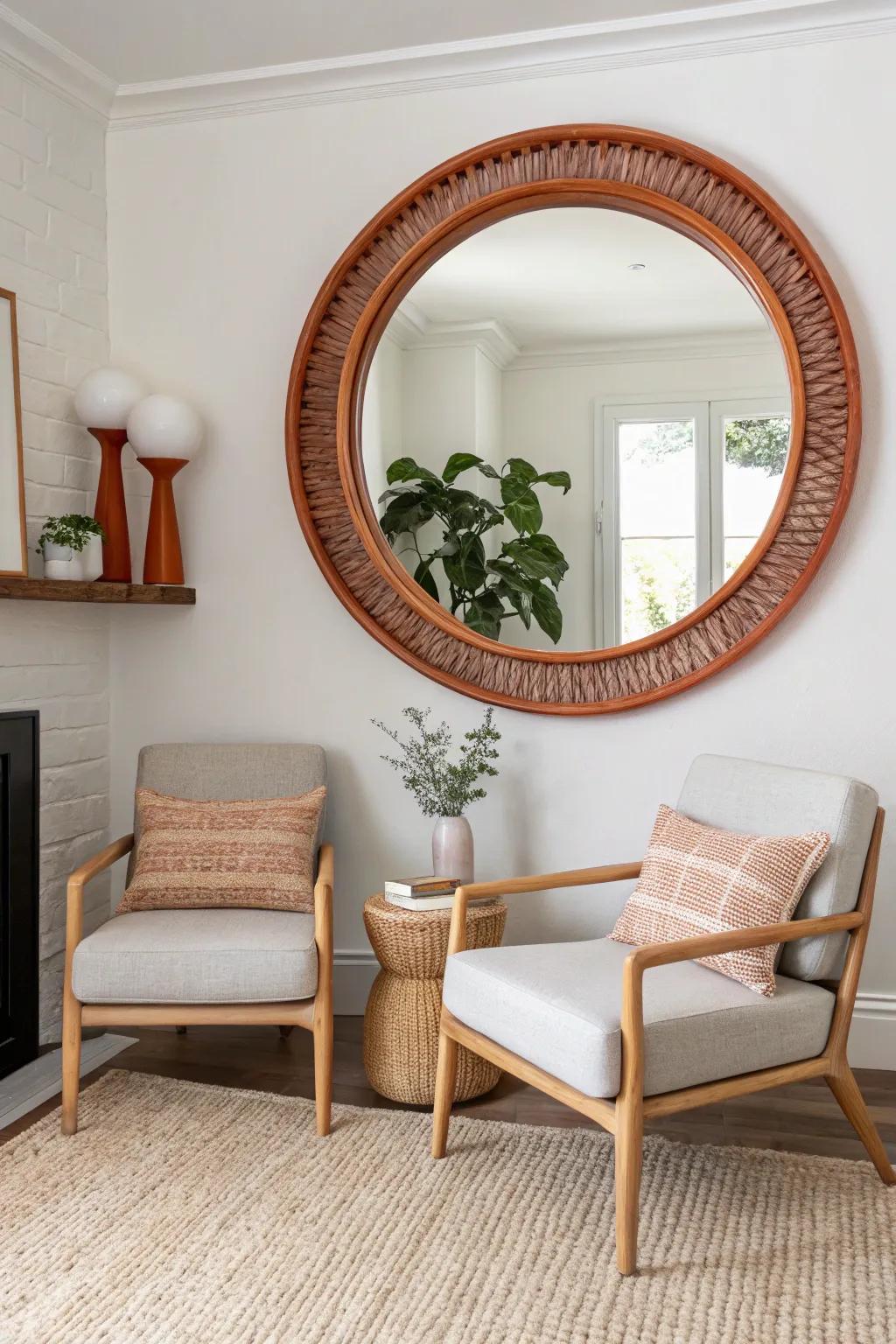 Symmetry shortcut: a statement mirror centered above two matching chairs for instant polish.