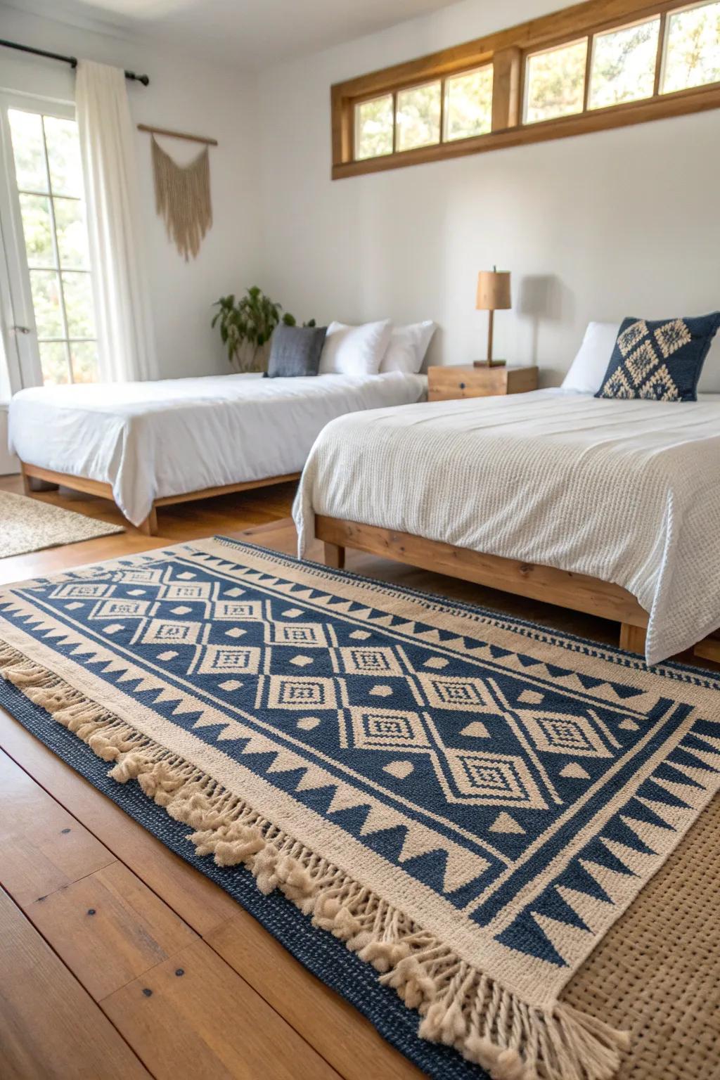 One oversized rug unifies two full beds—less visual clutter, more cozy Scandinavian calm.