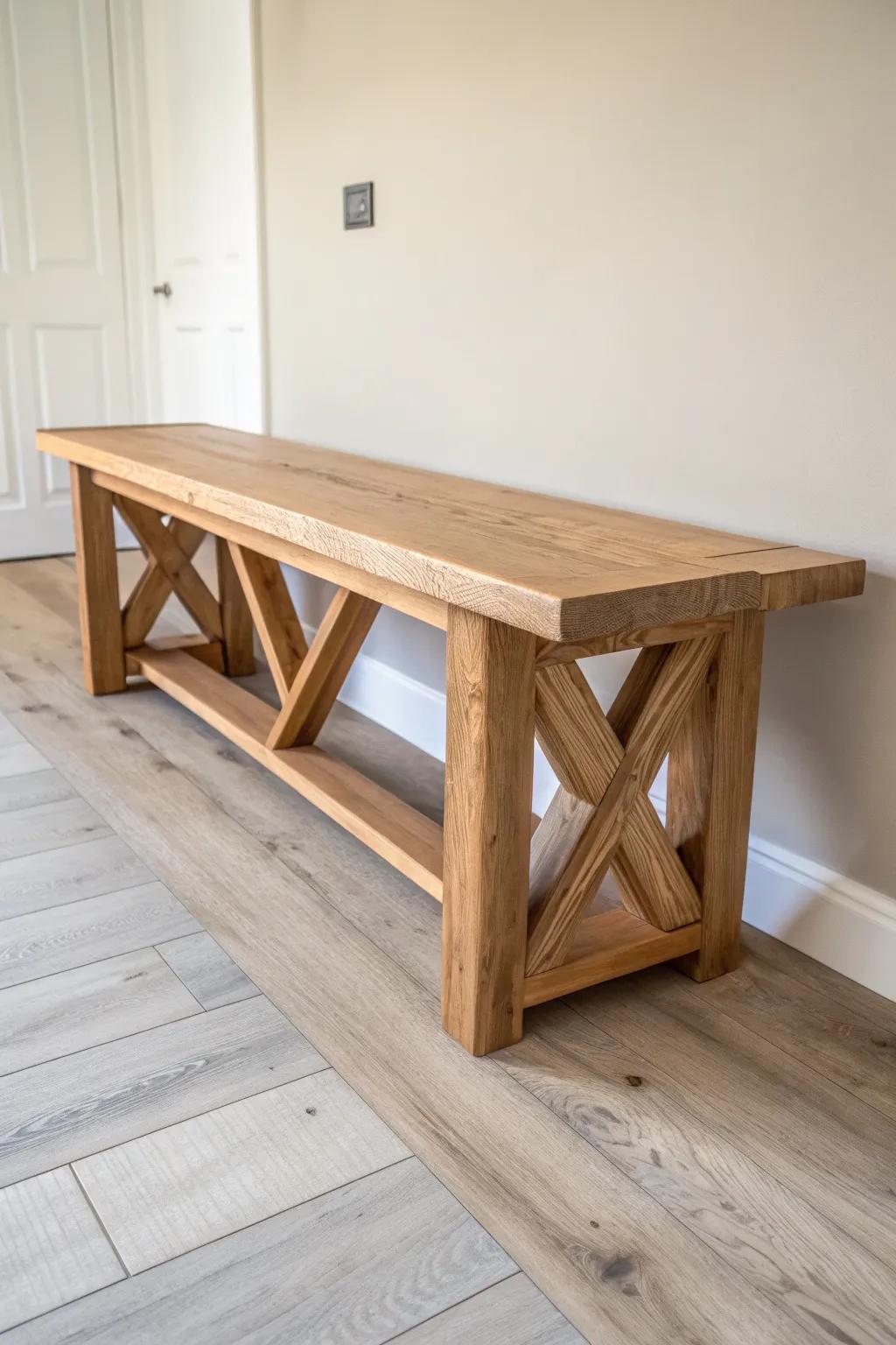 Chunky 2x4 X-leg bench: cozy farmhouse strength with clean Scandinavian simplicity.
