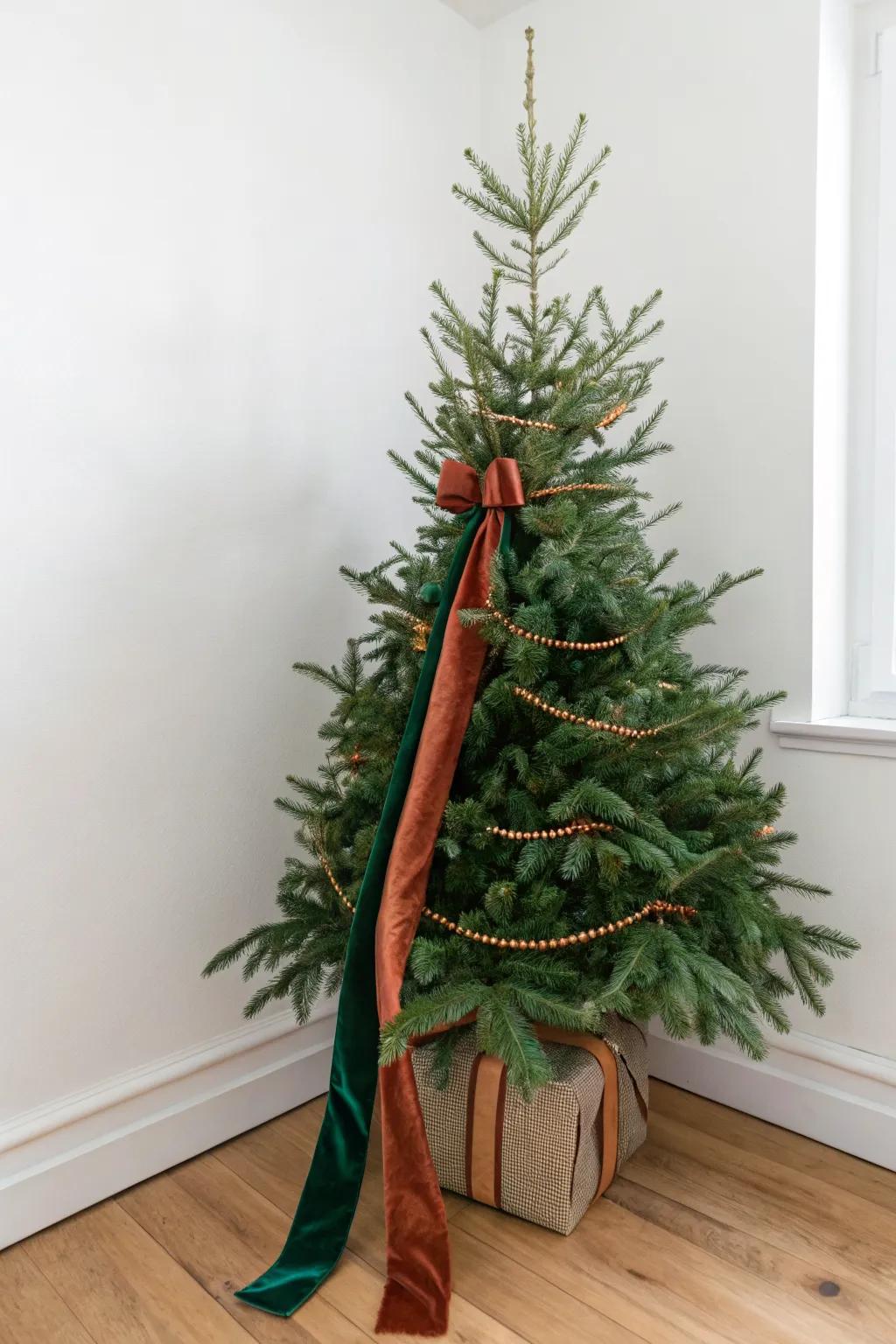 Make a 4ft tree look taller with a luxe ribbon cascade in loose vertical swoops.