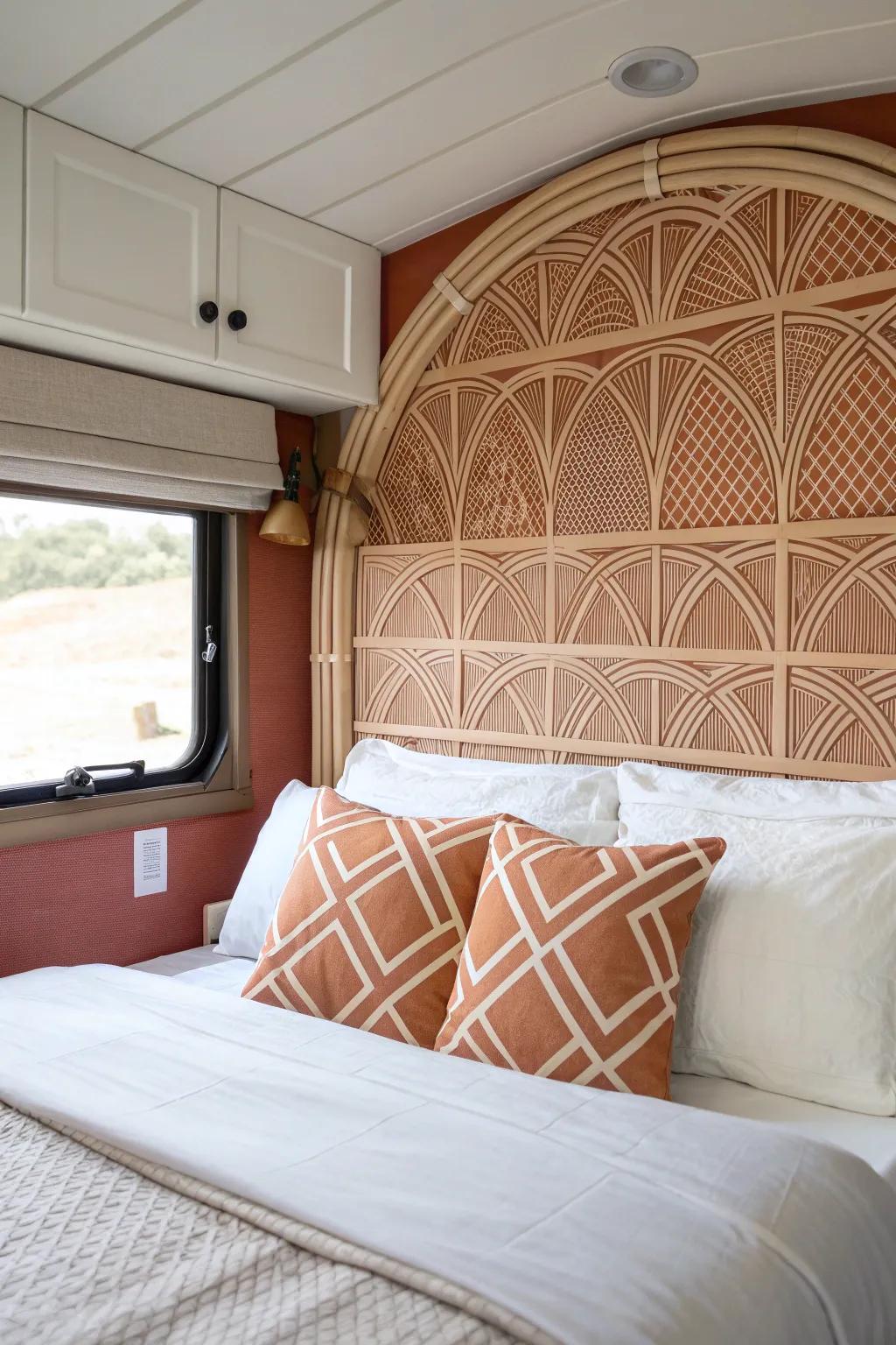 A bold peel-and-stick accent wall instantly makes a tiny 5th wheel bedroom feel finished.