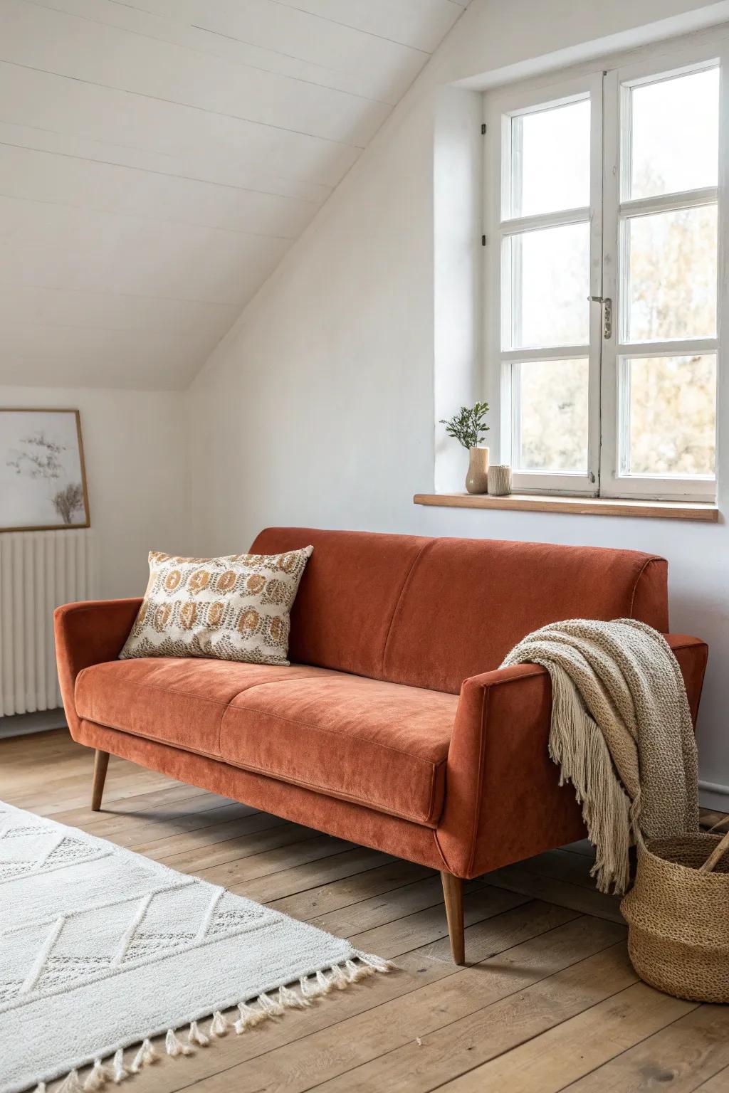 A low-profile sofa keeps sightlines open—instant “extra height” in an 8-foot ceiling room.