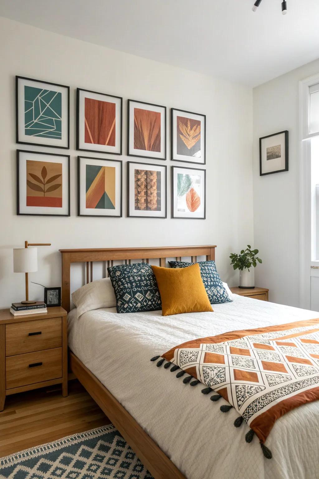 Tidy grid gallery wall above the bed—calm, symmetrical, and perfect for tiny bedrooms.