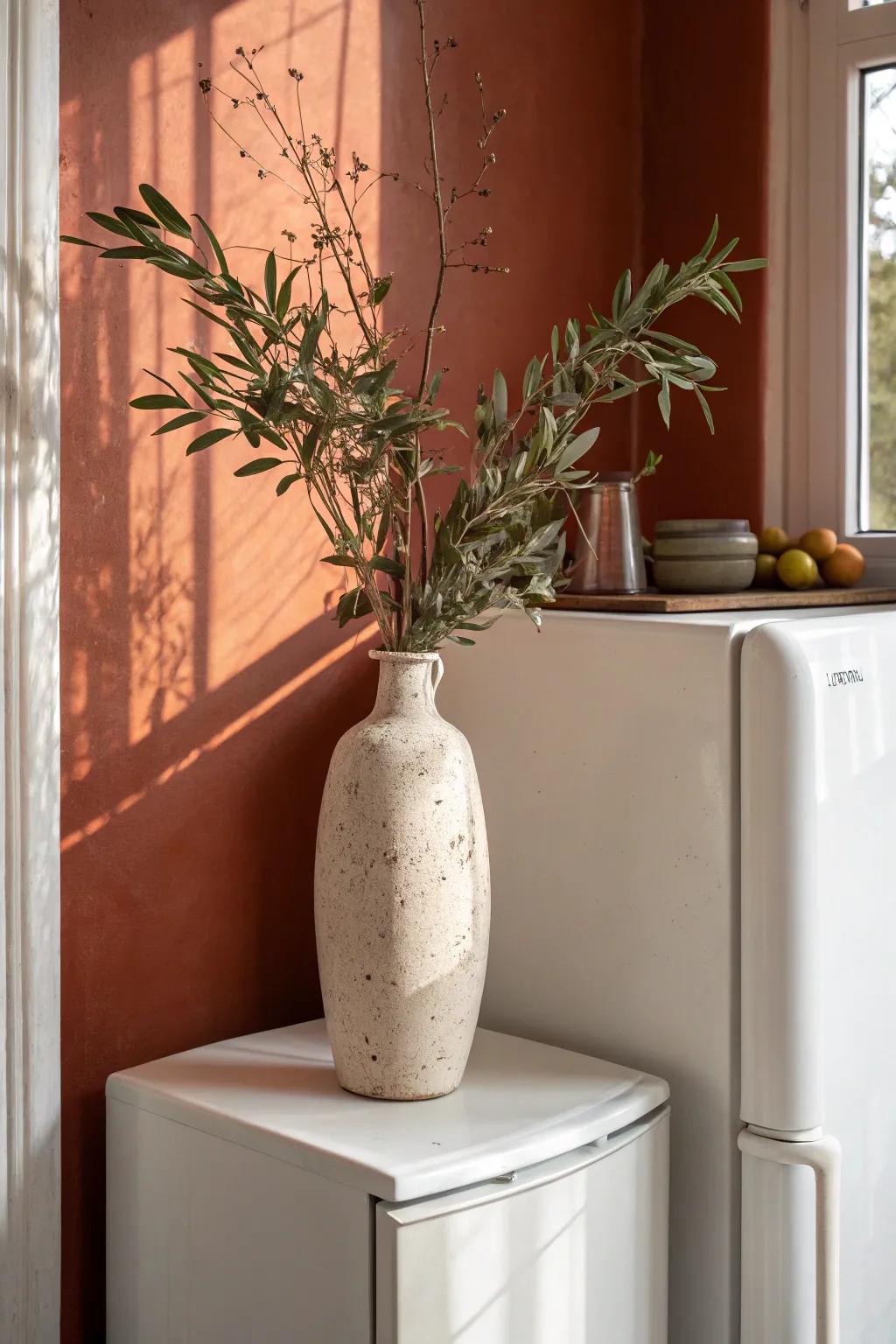 A tall vase with airy branches instantly fills the space above the fridge—simple, chic, finished.