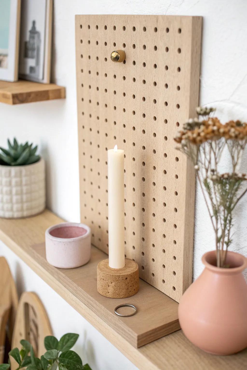 Mini pegboard shelf magic: styled storage with candle + vase for instant refresh.