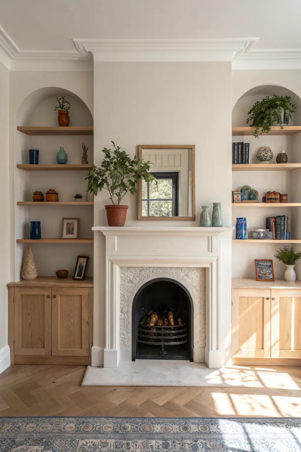Matching alcove shelves on both sides of the fireplace for a balanced, space-saving focal point.