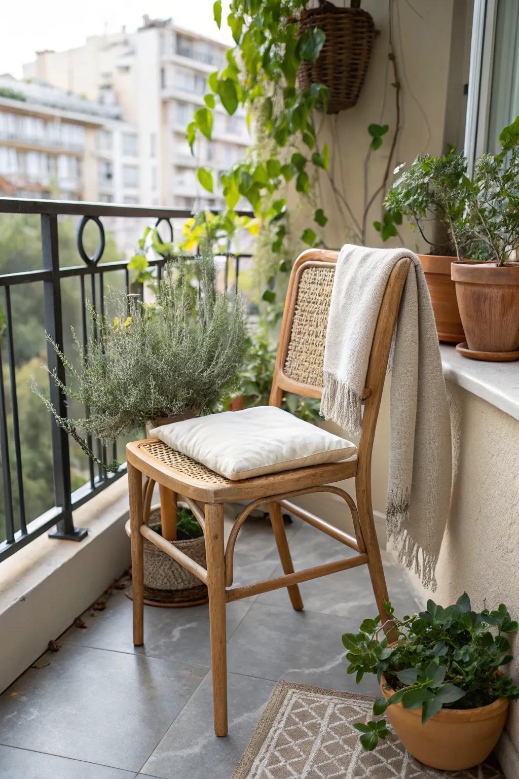 A tiny bistro chair + lush greenery turns your balcony into a cozy coffee corner.