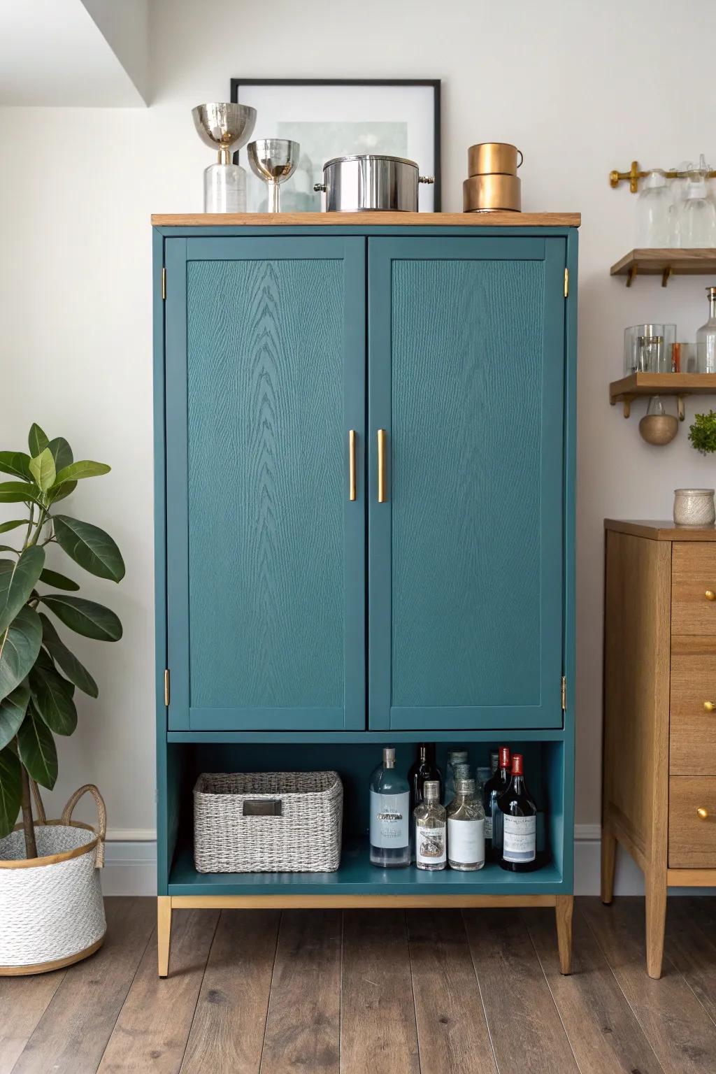 A sleek bar cabinet that closes fast—bins inside keep every tool tidy and out of sight.