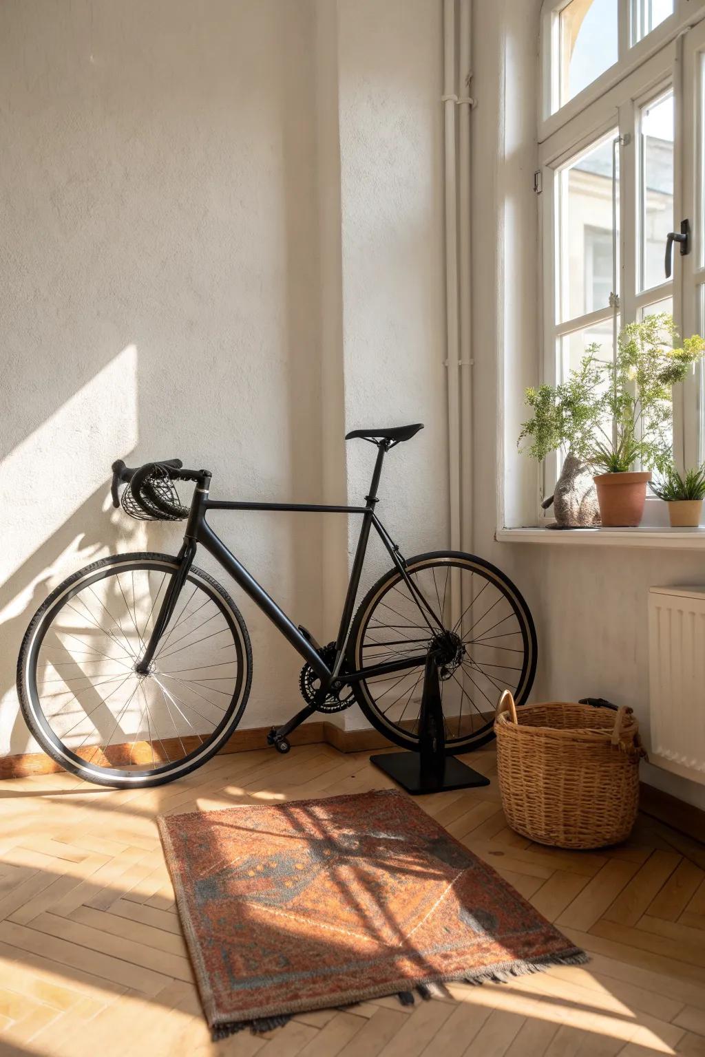 Zero-drill, renter-friendly bike storage: a freestanding floor stand that moves with your layout.