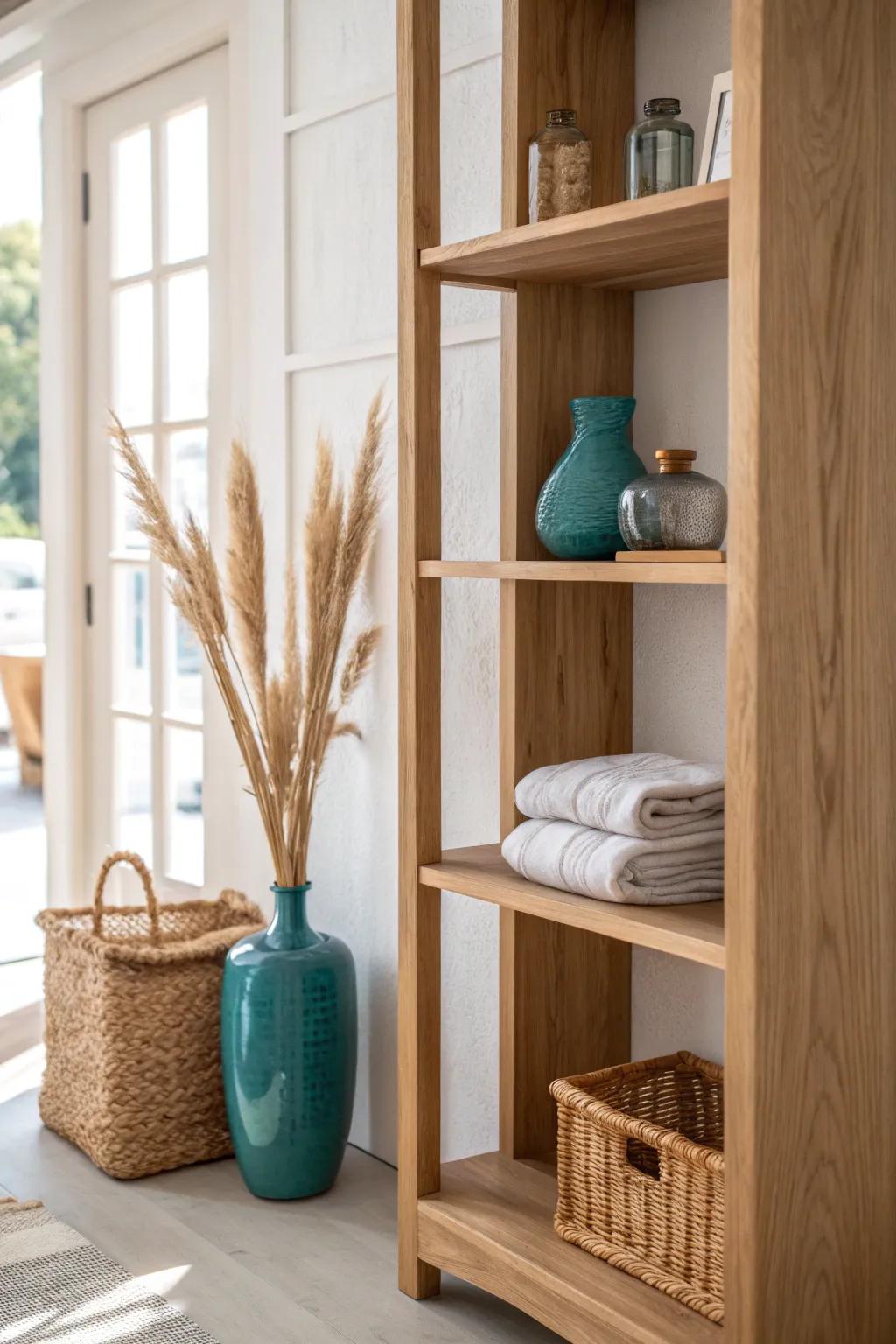 One slim open shelf separates a cozy lounge from a compact work/dining spot—no walls needed.